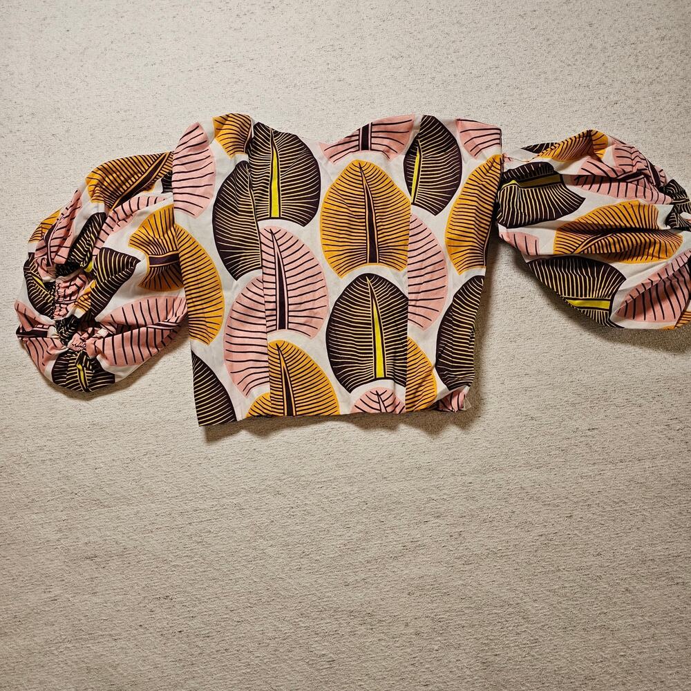 African Floral Size S Puff Sleeve Crop Top Smocked Boho Festival Y2K Cottagecore - Picture 10 of 15